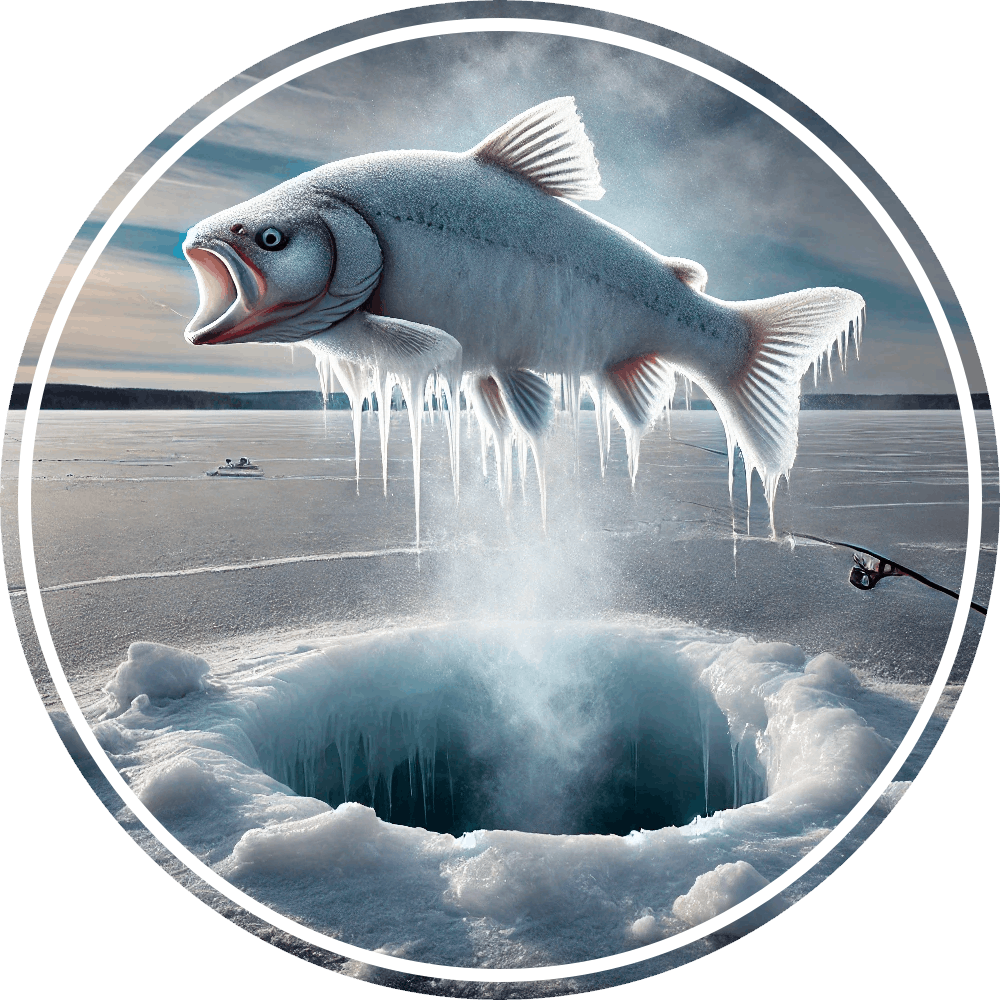 A large, icy fish appears to be leaping out of an ice fishing hole on a frozen lake.