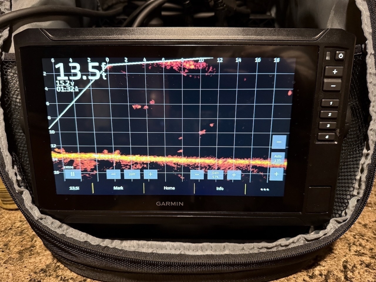 A Garmin sonar device display shows underwater terrain and fish locations.